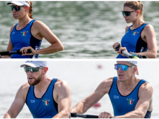 Qui sopra Alice Codato e Laura Meriano, Giovanni Codato e Matteo Lodo remano verso il podio europeo con il due senza femminile e maschile (foto canottaggio.org) Qui sopra Alice Codato e Laura Meriano, Giovanni Codato e Matteo Lodo remano verso il podio europeo con il due senza femminile e maschile (foto canottaggio.org)