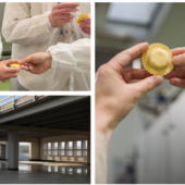 A destra la produzione di un formato a doppia sfoglia sulle linee Scoiattolo, sopra i ragazzi della Cooperativa “Gruppo Amicizia” di Gorla Minore visitano l'azienda e l'ultimo piano del nuovo stabilimento in costruzione progettato per ospitare i nuovi uffici