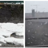 A destra: la grandine in strada a Laveno. A sinistra: i chicchi su Sangiano (dai video di NatualMeteo)