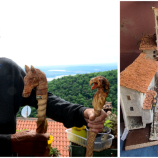 Lino Biagini al Sacro Monte dove intaglia manici di bastone per farne piccole opere d’arte. A destra la riproduzione fatta con tappi di sughero modellati dell’ingresso del Santuario, con il campanile, il pozzo e la gradinata che sale verso lo spiazzo
