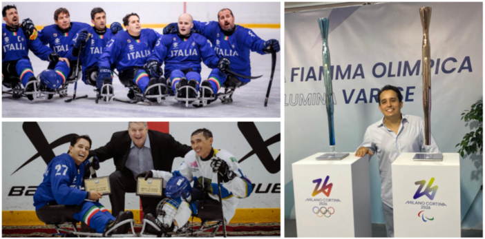 Alessandro Andreoni, 28 anni, a destra da designer di Milano Cortina con la torcia olimpica sfumata d'azzurro e paralimpica di colore bronzeo, a sinistra con la nazionale di para ice hockey vincitrice del mondiale gruppo B di Astana in Kazakistan (quarto da sinistra nella prima foto in cui canta l'inno con i compagni)