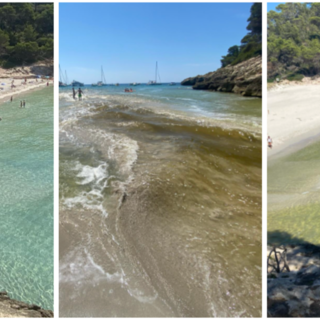 La caletta incontaminata di Trebaluger a Minorca prima (a sinistra), durante l'irruzione del fiume che travolge l'argine e dopo qualche minuto (a destra): l'acqua da turchese è verde. Sotto in gallery le immagini prima, durante e dopo il fenomeno che ha fatto temere il peggio a tanti turisti, anche italiani e varesini