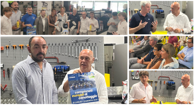 Gli Europei di canottaggio di Varese (29 luglio-2 agosto) esempio di sostenibilità nella presentazione a Td Group, azienda leader nel campo delle pulizie. In grande il direttore generale del comitato grandi eventi Pierpaolo Frattini con l'addetto stampa Michele Marocco e la locandina dell'evento. A destra dall'alto il sindaco Galimberti, il vicesindaco Perusin, l'assessore San Martino, il consigliere regionale Monti e qui sopra, l'imprenditore padrone di casa Diego Trogher
