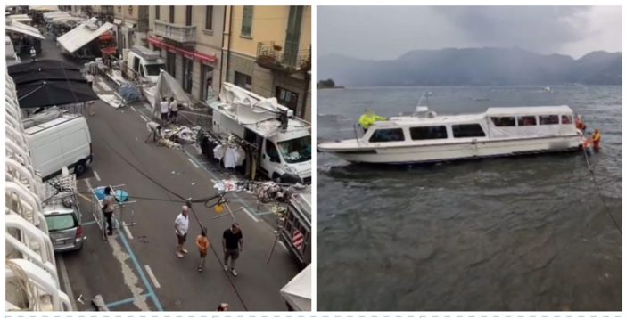 A sinistra: i danni del vento al mercato di Luino (foto da LuinoNotizie.it). A destra: i vigili del fuoco al lavoro per il natante incagliato sempre a Luino A sinistra: i danni del vento al mercato di Luino (foto da LuinoNotizie.it). A destra: i vigili del fuoco al lavoro per il natante incagliato sempre a Luino