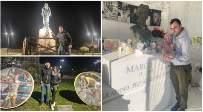 Papà Martino Caliaro, mamma Beatrice e la piccola Cloe omaggiano Marco Pantani a Cesenatico a San Valentino, nel giorno del 22° anniversario della sua morte