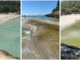 La caletta incontaminata di Trebaluger a Minorca prima (a sinistra), durante l'irruzione del fiume che travolge l'argine e dopo qualche minuto (a destra): l'acqua da turchese è verde. Sotto in gallery le immagini prima, durante e dopo il fenomeno che ha fatto temere il peggio a tanti turisti, anche italiani e varesini