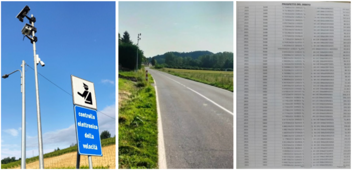 In mezzo la strada incriminata e a destra uno dei fogli con gli accertamenti e il prospetto del debito