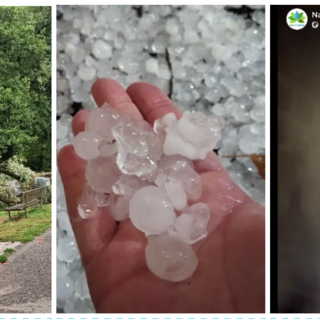 Da sinistra: un albero caduto a Gaivate, la grandine di Saronno e un fermo immagine di un video di Natural Meteo che documenta il forte temporale di stanotte a Leggiuno