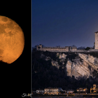 Un collage di due meraviglie: a sinistra la Superluna dietro al santuario di Santa Maria del Monte a Varese, a destra dietro la Rocca di Angera