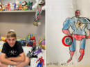 Samuele Labanca con i suoi giochi e il suo disegno di Capitan America