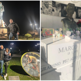 Papà Martino Caliaro, mamma Beatrice e la piccola Cloe omaggiano Marco Pantani a Cesenatico a San Valentino, nel giorno del 22° anniversario della sua morte