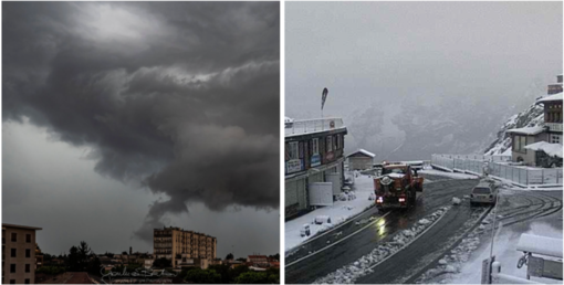Nelle immagini dell'esperto e fotografo Gianluca Bertoni il passaggio della &quot;shelf cloud&quot; o nube a forma di mensola che ha quasi lambito i tetti delle case a Varese e il risveglio innevato di questa mattina allo Stelvio