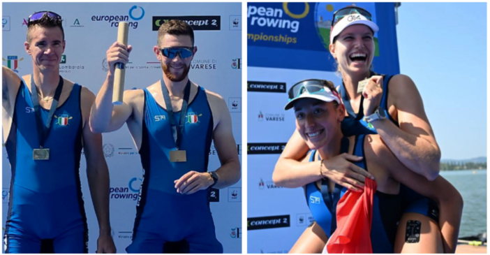Qui sopra Matteo Lodo e Giovanni Codato, poi la sorella Alice Codato e Laura Meriano, coppie di bronzo nel due senza maschile e femminile agli Europei di Varese (foto tratte dalla pagina Facebook ufficiale della Federazione Italiana Canottaggio) Qui sopra Matteo Lodo e Giovanni Codato, poi la sorella Alice Codato e Laura Meriano, coppie di bronzo nel due senza maschile e femminile agli Europei di Varese (foto tratte dalla pagina Facebook ufficiale della Federazione Italiana Canottaggio)
