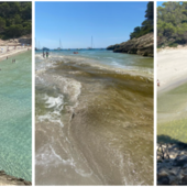 La caletta incontaminata di Trebaluger a Minorca prima (a sinistra), durante l'irruzione del fiume che travolge l'argine e dopo qualche minuto (a destra): l'acqua da turchese è verde. Sotto in gallery le immagini prima, durante e dopo il fenomeno che ha fatto temere il peggio a tanti turisti, anche italiani e varesini