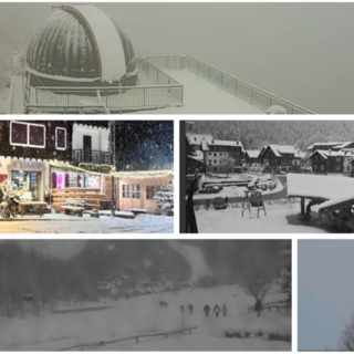 In cima l'osservatorio di Campo dei Fiori sotto la neve, poi due foto di Macugnaga innevata ieri sera (foto Giuliana Colombo Canavesi da Macugnaga.net) e questa mattina (webcam), quindi due immagini dall'Alpe Devero (webcam)