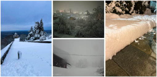 Da sinistra in senso orario il manto bianco immacolato del viale delle cappelle al Sacro Monte, il paesaggio incantato del Brinzio (foto Lucy) con i 30 centimetri accumulati (foto Pietro Marè - NaturalMeteo) e Macugnaga sommersa al risveglio