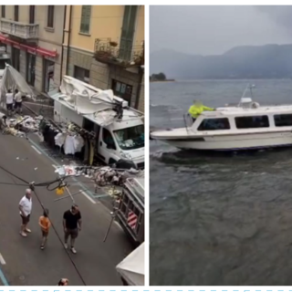 A sinistra: i danni del vento al mercato di Luino (foto da LuinoNotizie.it). A destra: i vigili del fuoco al lavoro per il natante incagliato sempre a Luino