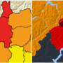 L'allerta rossa e arancione per la provincia di Varese (rossa nel nord, cioè zona laghi e Prealpi) della protezione civile e, a destra, quella di Meteo Svizzera