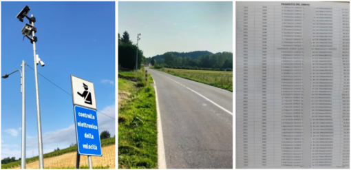 In mezzo la strada incriminata e a destra uno dei fogli con gli accertamenti e il prospetto del debito