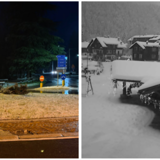 A sinistra la foto postata questa mattina dall'esperto Gianluca Bertoni con la neve che è nuovamente riapparsa nelle valli a nord di Varese e a destra (oltreché sotto in gallery) come si presenta al risveglio oggi Macugnaga