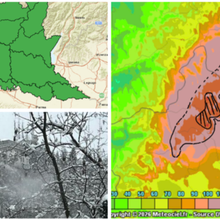 Allerta gialla in provincia di Varese: a destra il modello postato dall'esperto Gianluca Bertoni con gli ingenti quantitativi di pioggia previsti in poche ore, infine il Campo dei Fiori innevato