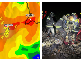 A destra: la situazione di questa notte registrata dal radar di Meteo Swiss. A destra: vigili del fuoco al lavoro nel Comasco