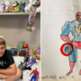 Samuele Labanca con i suoi giochi e il suo disegno di Capitan America