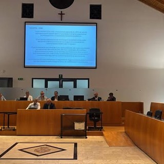 La sala consiliare di palazzo Broletto durante la presentazione del progetto per la piscina, foto dalla pagina Fb Ocg
