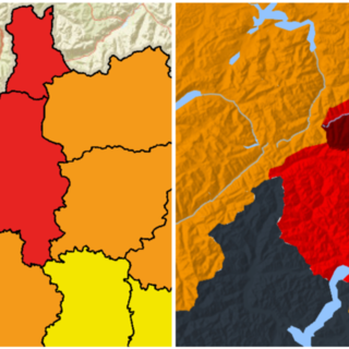 L'allerta rossa e arancione per la provincia di Varese (rossa nel nord, cioè zona laghi e Prealpi) della protezione civile e, a destra, quella di Meteo Svizzera