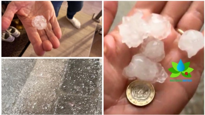 Dall'alto in senso orario i chicchi di grandine caduti al Sacro Monte (foto Livio Lonati) e a Leggiuno (foto NaturalMeteo) Dall'alto in senso orario i chicchi di grandine caduti al Sacro Monte (foto Livio Lonati) e a Leggiuno (foto NaturalMeteo)