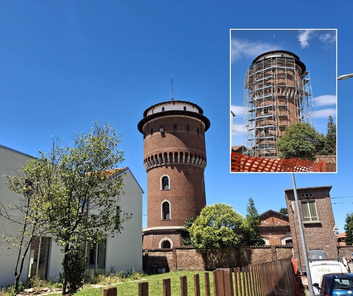 La torre come si presenta oggi e, nel riquadro, come si presentava nella primavera 2025