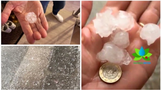 Dall'alto in senso orario i chicchi di grandine caduti al Sacro Monte (foto Livio Lonati) e a Leggiuno (foto NaturalMeteo) Dall'alto in senso orario i chicchi di grandine caduti al Sacro Monte (foto Livio Lonati) e a Leggiuno (foto NaturalMeteo)