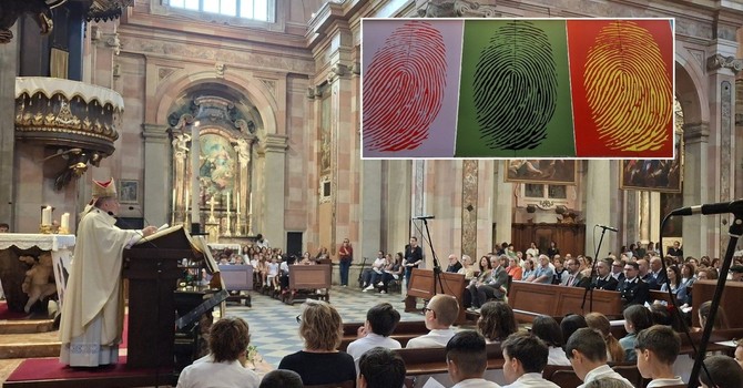 L'arcivescovo Delpini fra i bambini, in San Giovanni. Nel riquadro, dettaglio della nuova opera Urbansolid nella sede della cooperativa Rezzara, in via Miani L'arcivescovo Delpini fra i bambini, in San Giovanni. Nel riquadro, dettaglio della nuova opera Urbansolid nella sede della cooperativa Rezzara, in via Miani