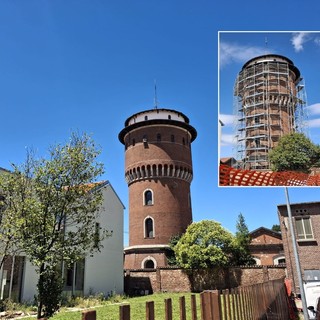 La torre come si presenta oggi e, nel riquadro, come si presentava nella primavera 2025