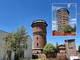 La torre come si presenta oggi e, nel riquadro, come si presentava nella primavera 2025