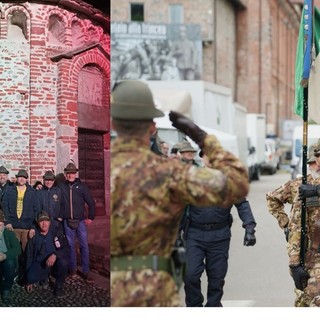 A sinistra i primi alpini di Busto arrivati a Biella, a destra un'immagine dal sito dell'Adunata