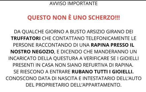 Truffatori telefonano a potenziali vittime raccontando di una falsa rapina da Ceccuzzi: «Siamo della Questura, dobbiamo verificare i suoi gioielli»