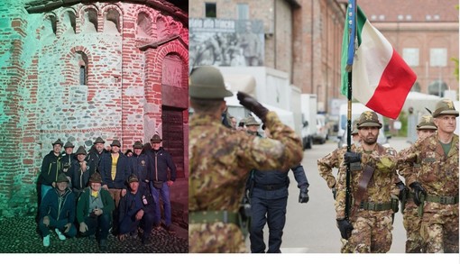 A sinistra i primi alpini di Busto arrivati a Biella, a destra un'immagine dal sito dell'Adunata