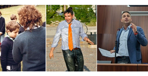 Da sinistra: Samuele Astuti giovanissimo scout, dopo la vittoria alle elezioni di Malnate e durante un intervento in Consiglio regionale