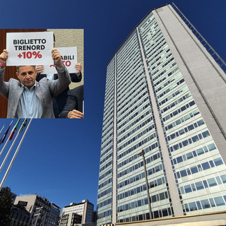 Palazzo Pirelli e, nel riquadro, il consigliere Astuti durante una recente protesta in aula Palazzo Pirelli e, nel riquadro, il consigliere Astuti durante una recente protesta in aula