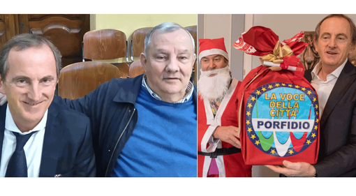 Antonelli con Porfidio (nella sua ultima partecipazione tra il pubblico dell’assise civica) e con il pacco di carbone “donatogli” dall’ex consigliere. Sotto, l'omaggio in sala esagonale