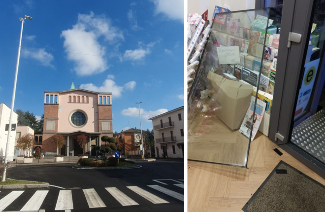 La chiesa di Borsano e la porta dell’edicola divelta dopo il secondo assalto dei ladri