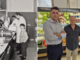Daniele Gagliardi in negozio insieme al papà in una foto in bianco e nero e, oggi, col figlio Filippo