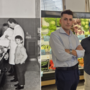Daniele Gagliardi in negozio insieme al papà in una foto in bianco e nero e, oggi, col figlio Filippo