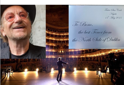 Bono al San Carlo - dal profilo Instagram della band - e la targa dei fans, con la sua felicità genuina