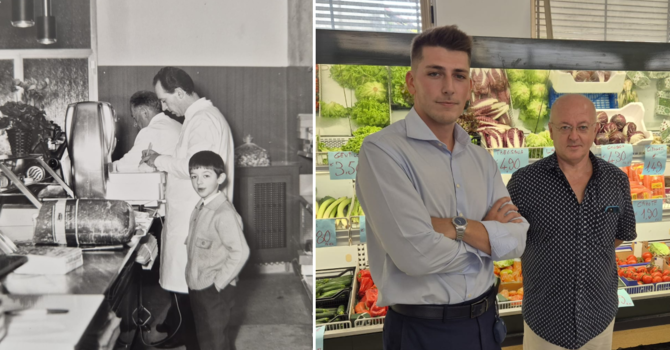 Daniele Gagliardi in negozio insieme al papà in una foto in bianco e nero e, oggi, col figlio Filippo