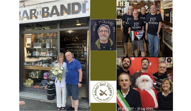 Giuseppe e la moglie davanti al bar, al centro l'amico Pier, a lato i tifosi della Pro e gli Amici del Sigaro tra i quali il sindaco