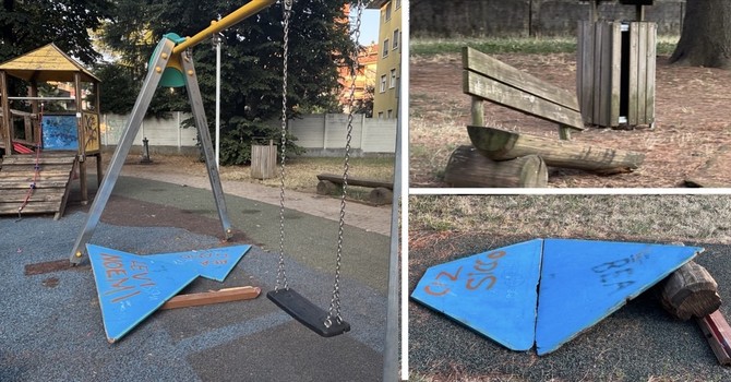 Il parco come appariva ieri, con la "ricostruzione" di una pista sul vialetto e i pezzi mancanti di giochi e panchina