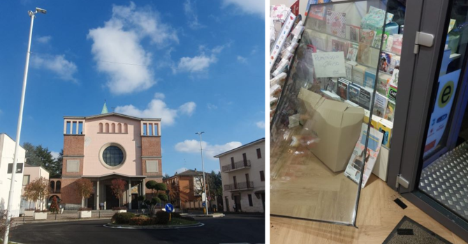 La chiesa di Borsano e la porta dell’edicola divelta dopo il secondo assalto dei ladri