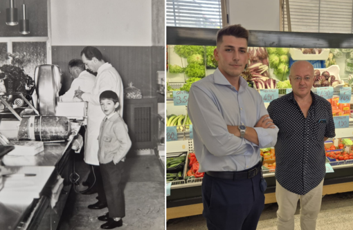 Daniele Gagliardi in negozio insieme al papà in una foto in bianco e nero e, oggi, col figlio Filippo